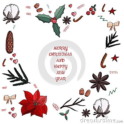 Christmas set in the hearth shape. Text Merry Christmas and happy new year. Stock Photo